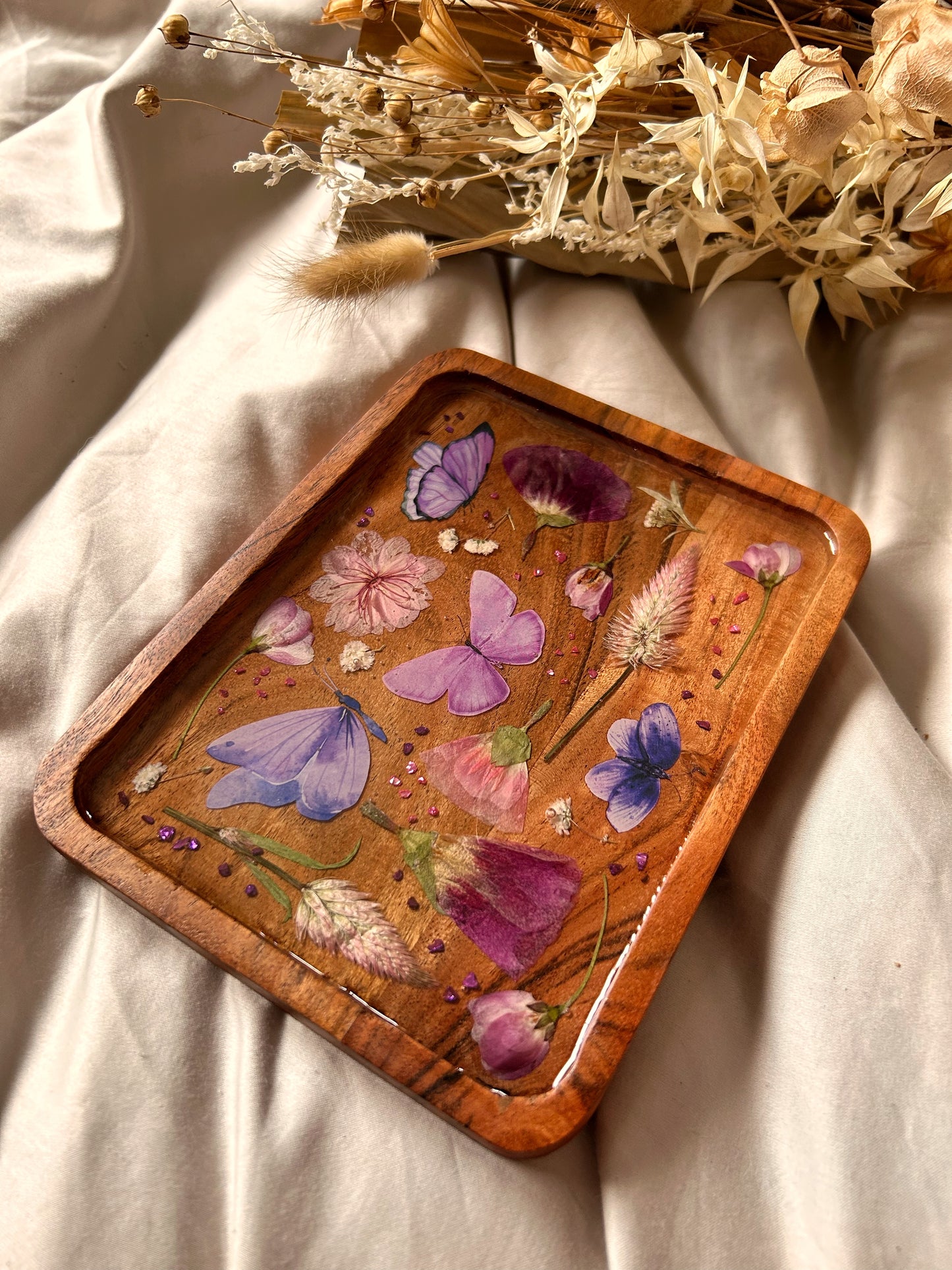 Floral Butterfly Jewelry Resin Acacia Wooden Tray