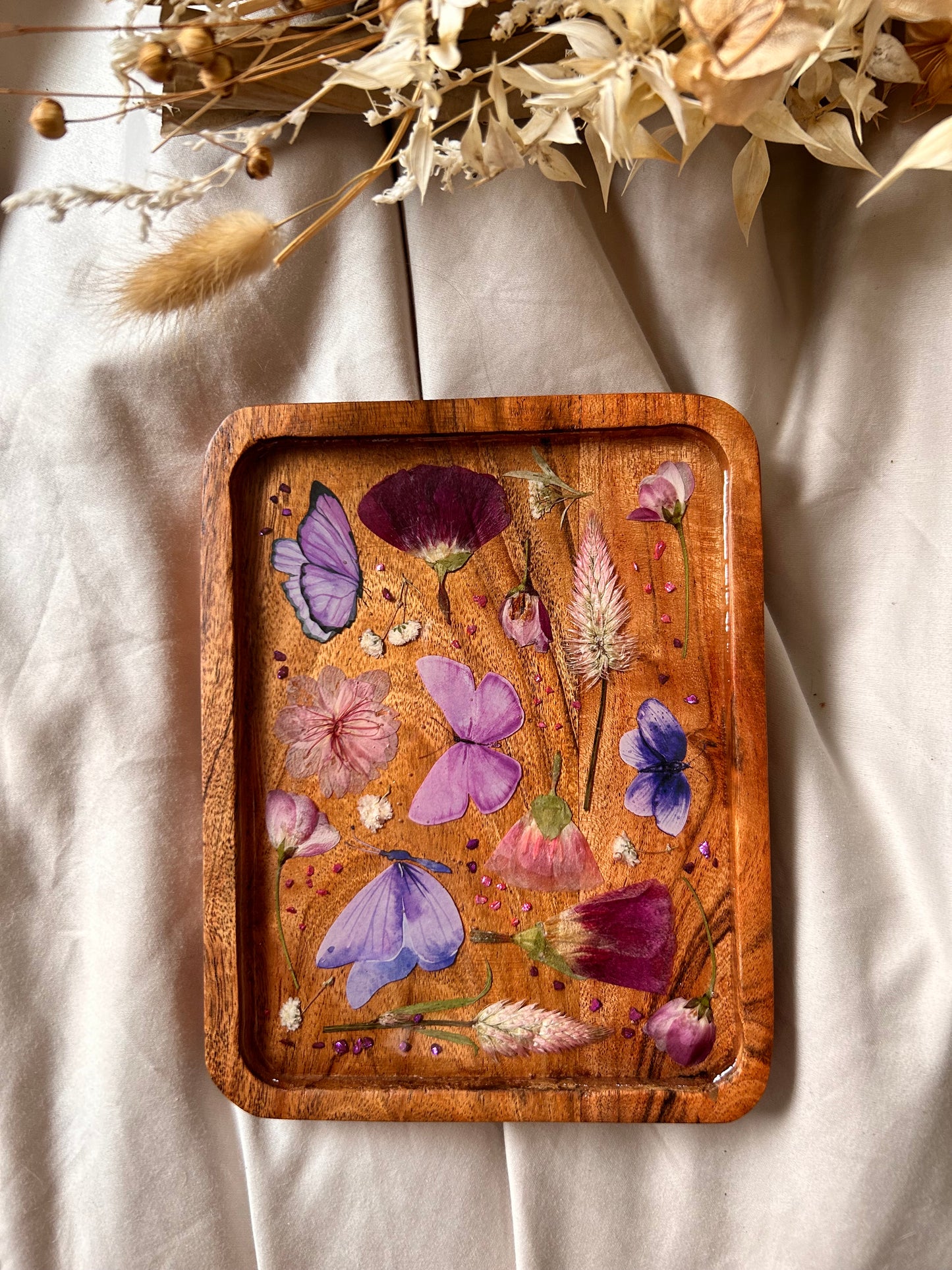 Floral Butterfly Jewelry Resin Acacia Wooden Tray