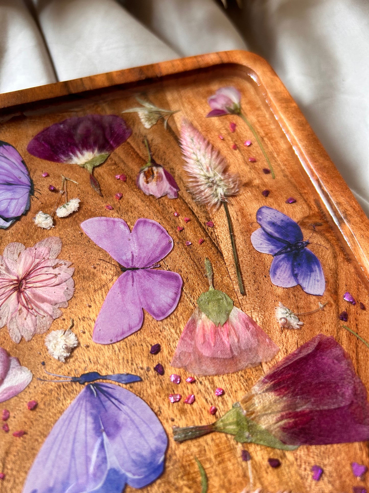 Floral Butterfly Jewelry Resin Acacia Wooden Tray