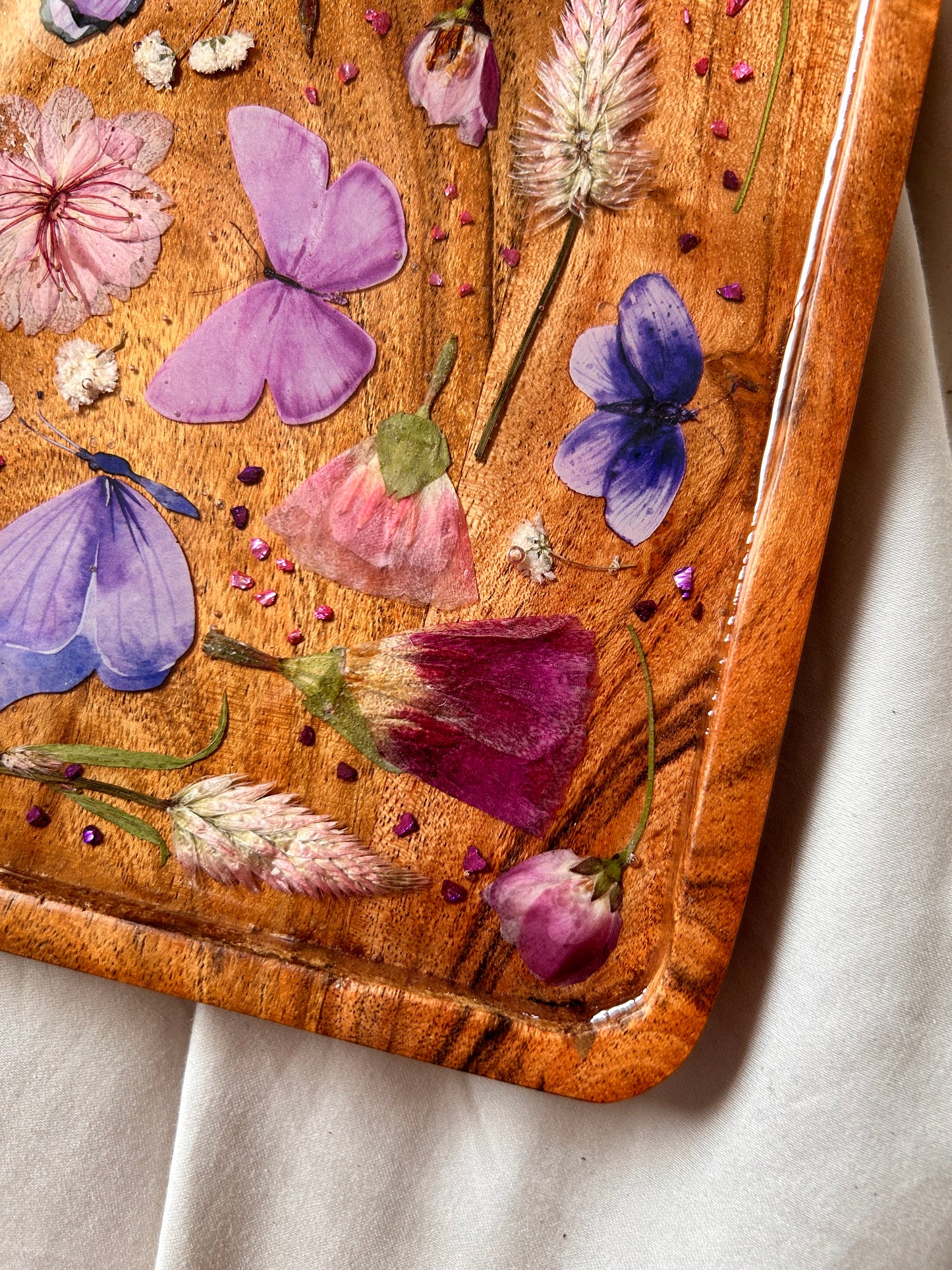 Floral Butterfly Jewelry Resin Acacia Wooden Tray