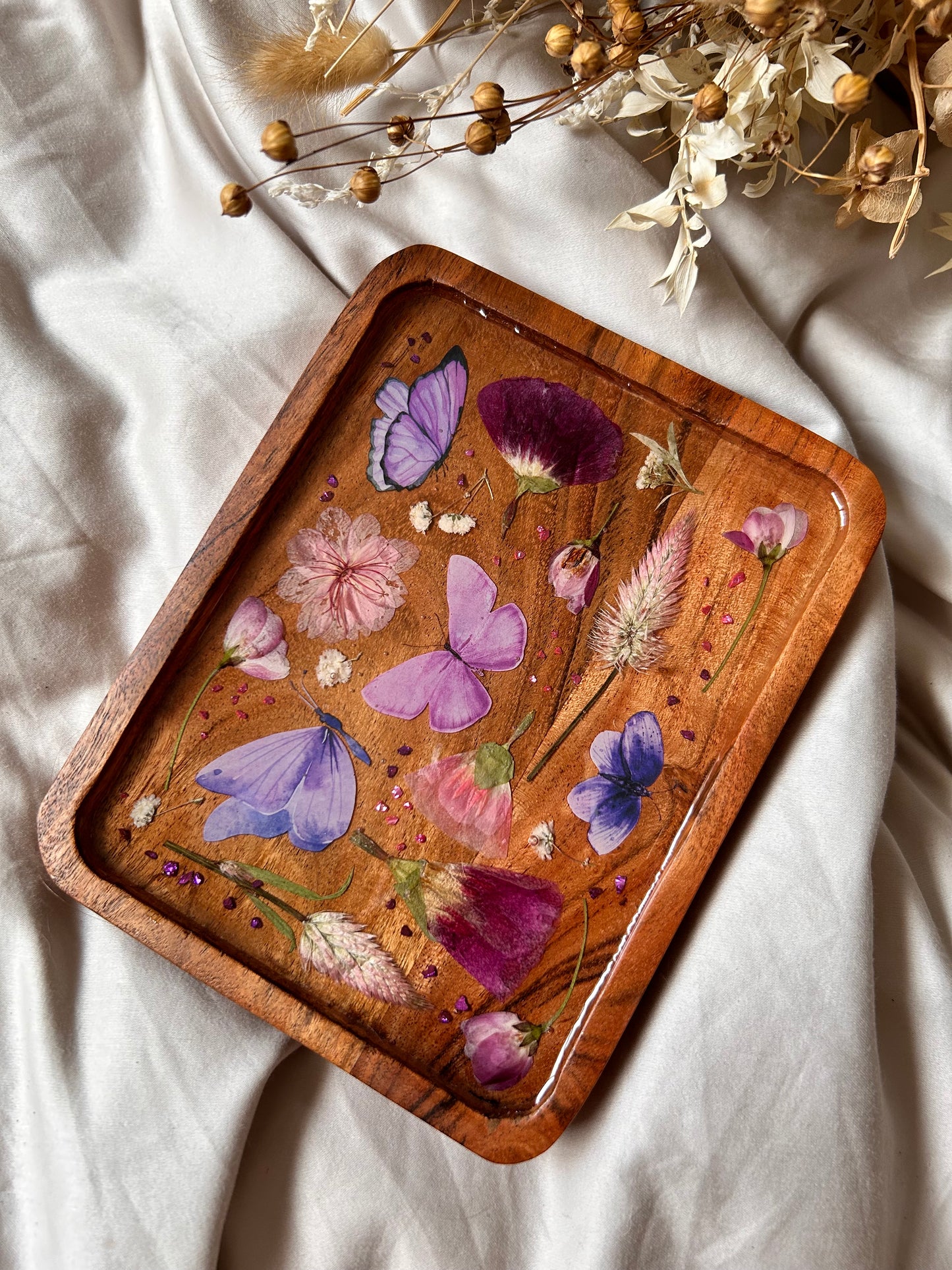 Floral Butterfly Jewelry Resin Acacia Wooden Tray