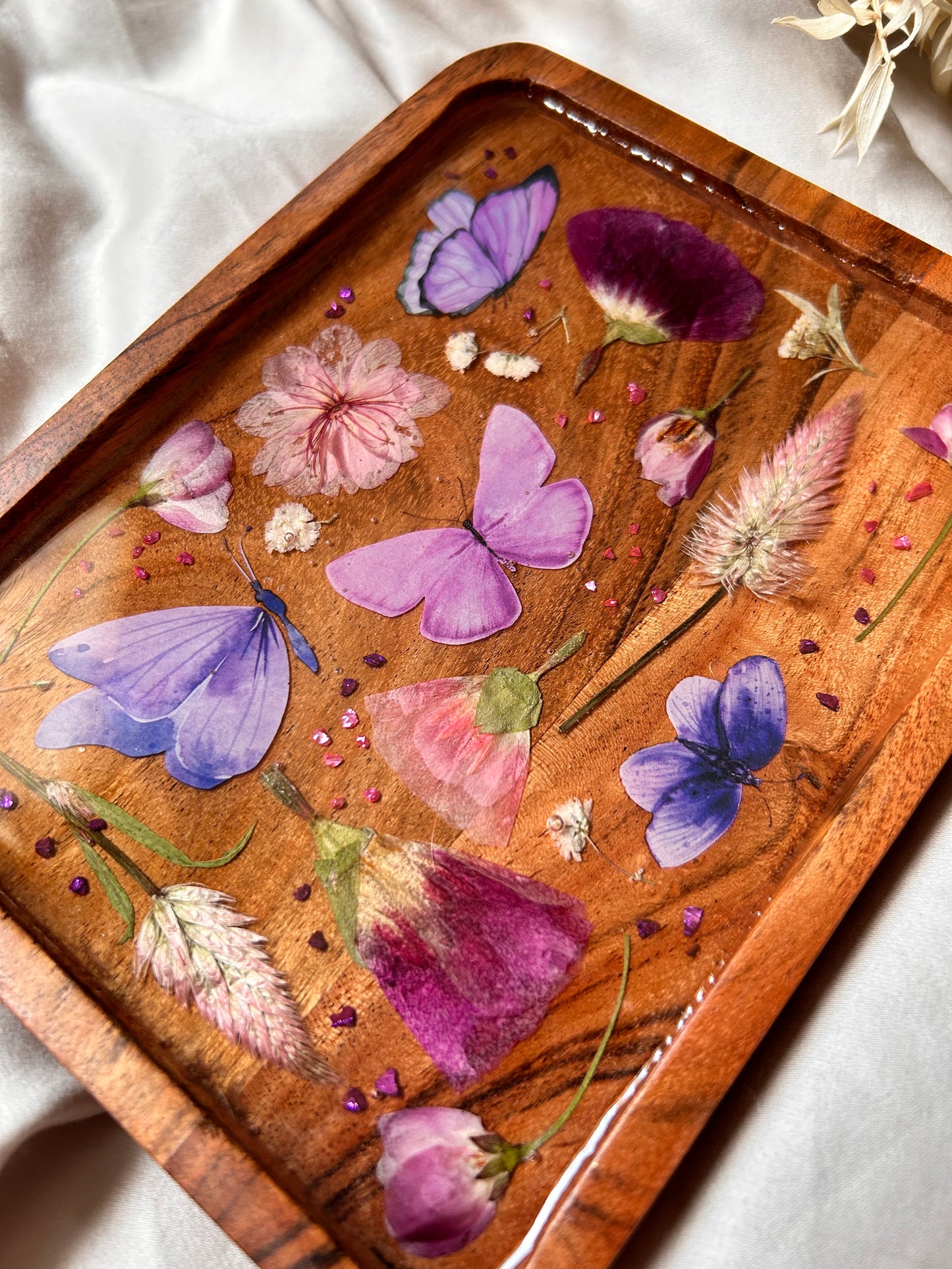 Floral Butterfly Jewelry Resin Acacia Wooden Tray