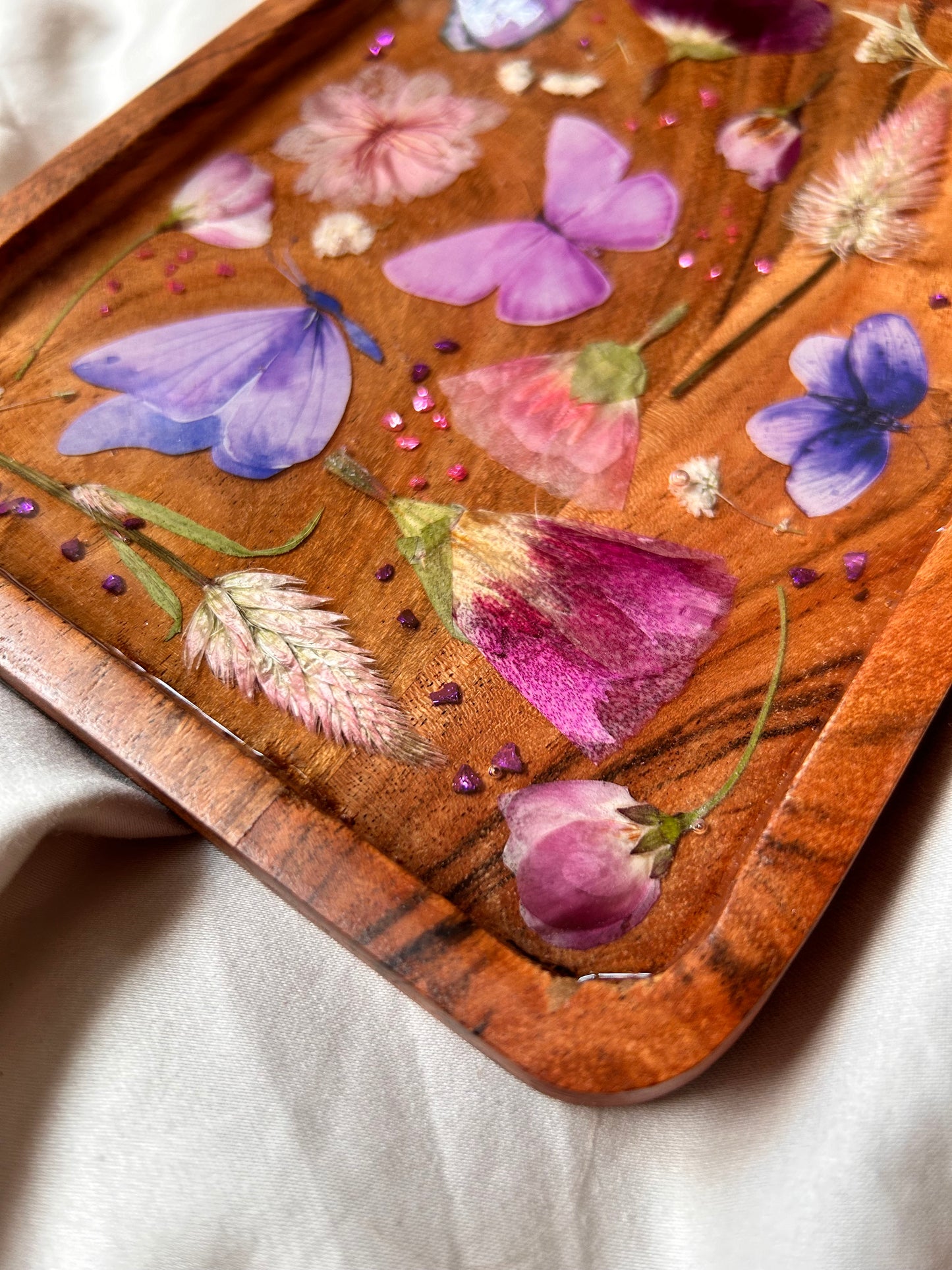 Floral Butterfly Jewelry Resin Acacia Wooden Tray