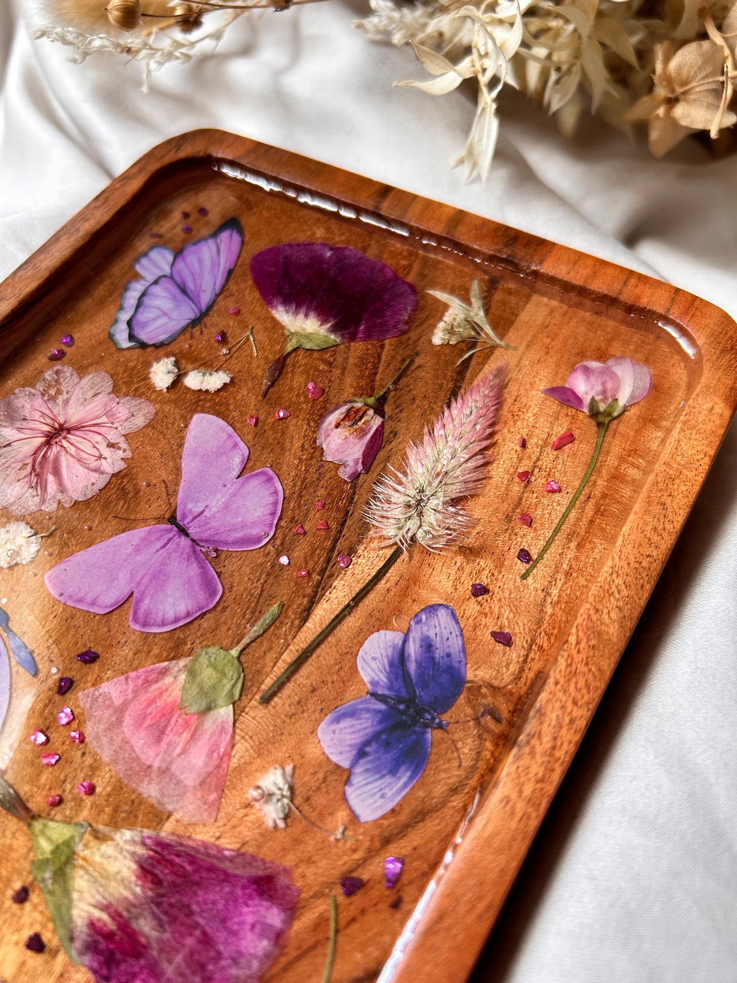 Floral Butterfly Jewelry Resin Acacia Wooden Tray