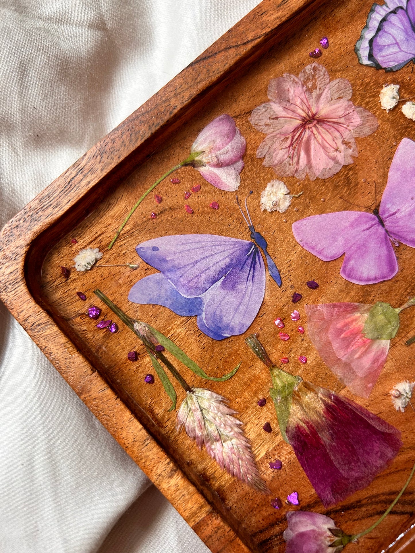 Floral Butterfly Jewelry Resin Acacia Wooden Tray