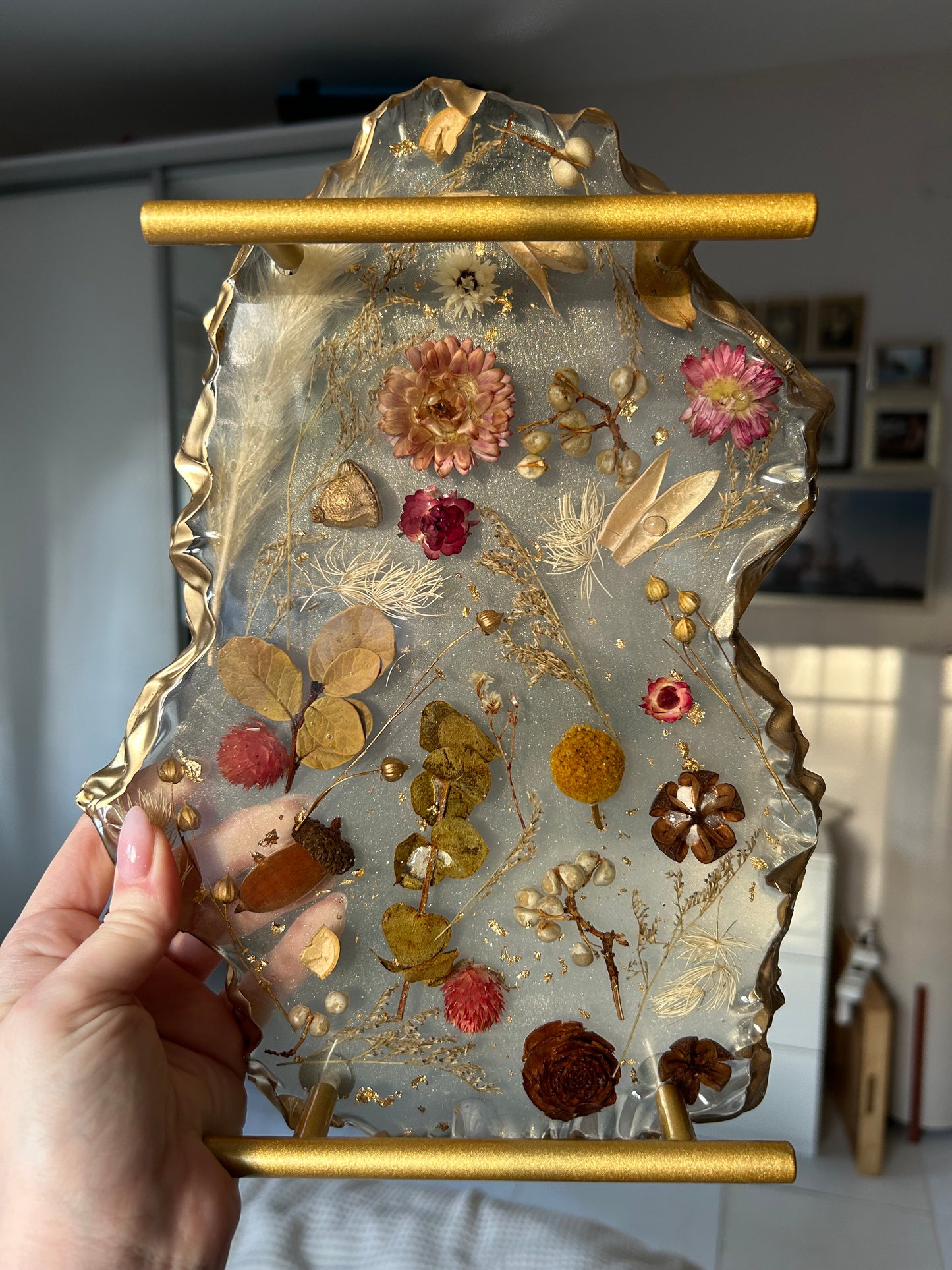 Floral Botanical Resin Tray with Golden Handles