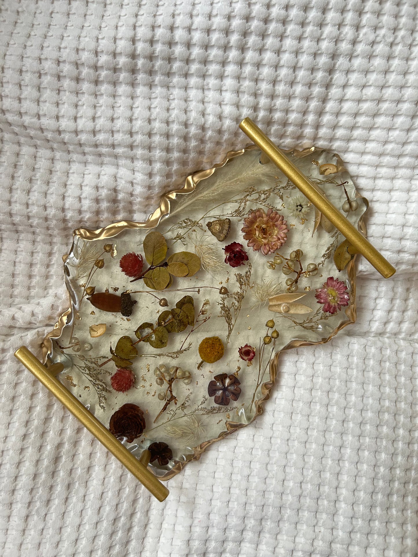 Floral Botanical Resin Tray with Golden Handles