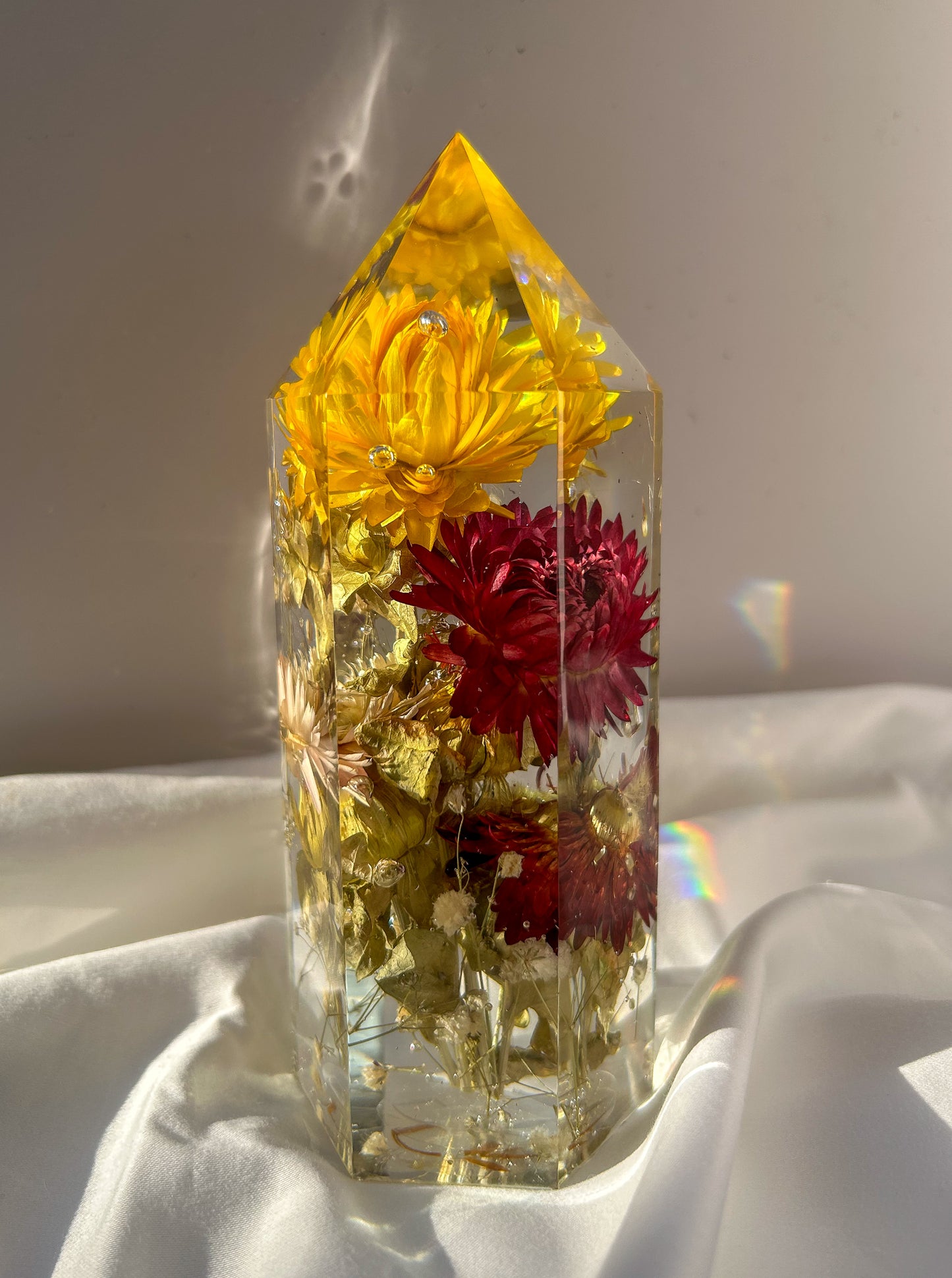 Handmade resin crystal tower featuring a real preserved colorful yellow orange purple pink green flowers, captured in clear resin for a timeless look. Great for home decor, gifts, unique presents, vanity bedroom decor and shelf decor.