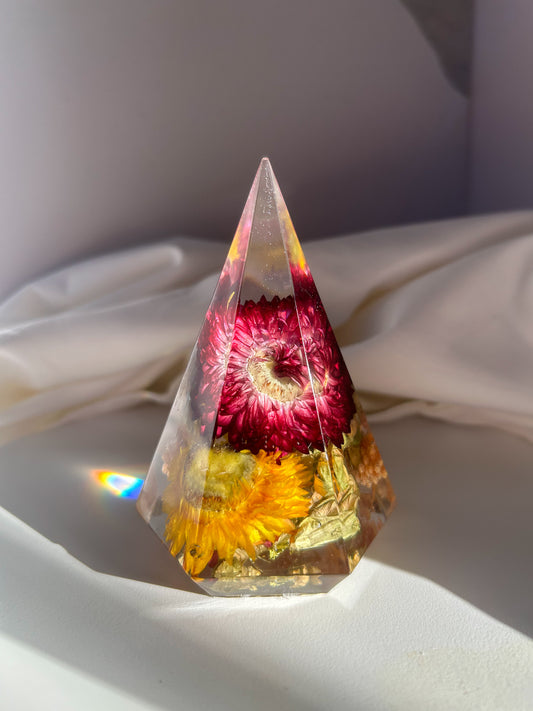 A beautiful colorful rainbow crystal resin ring tree ring cone ring holder. Features beautiful pink purple orange yellow and green wildflower that perfectly organizes your rings while decorating any area great gift for Mother's day Christmas birthday