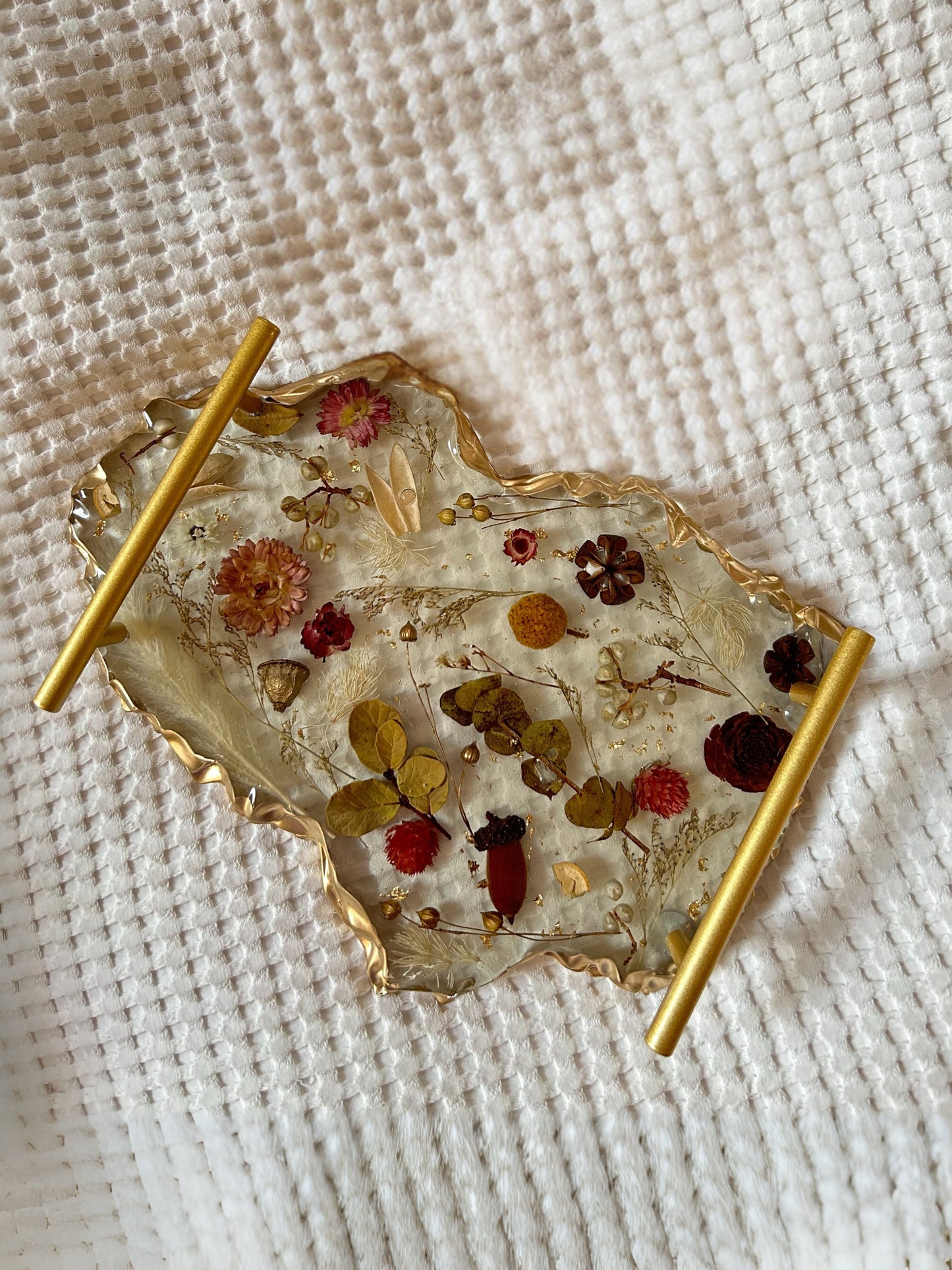 Floral Botanical Resin Tray with Golden Handles