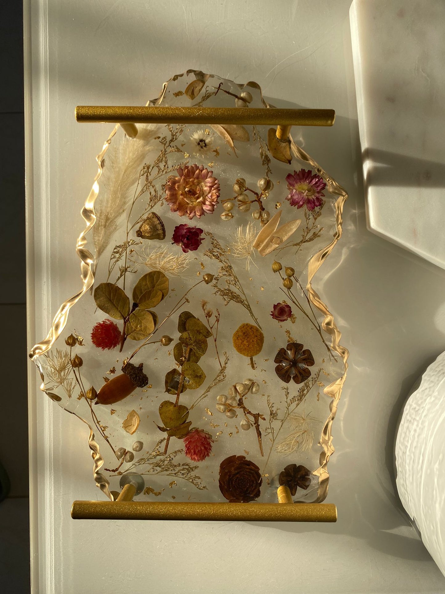 Floral Botanical Resin Tray with Golden Handles