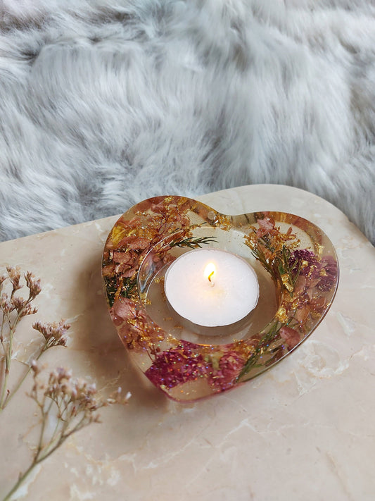 Pink and Gold Dried Flower Heart Candle Holder