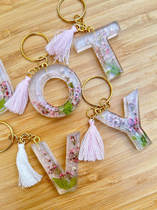 Custom Pink Dried Flowers Letter Keychain