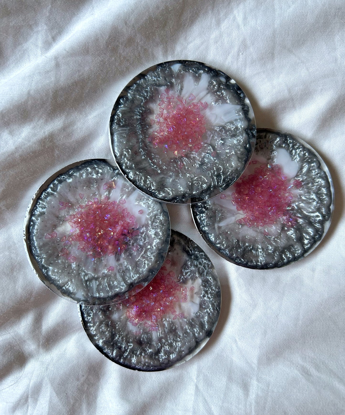 Set of 4 Round Coasters with Elegant Gray Design, Purple Stone Accents, a Silver Rim - Bestselling Home Decor Gift, Christmas Gift for Home