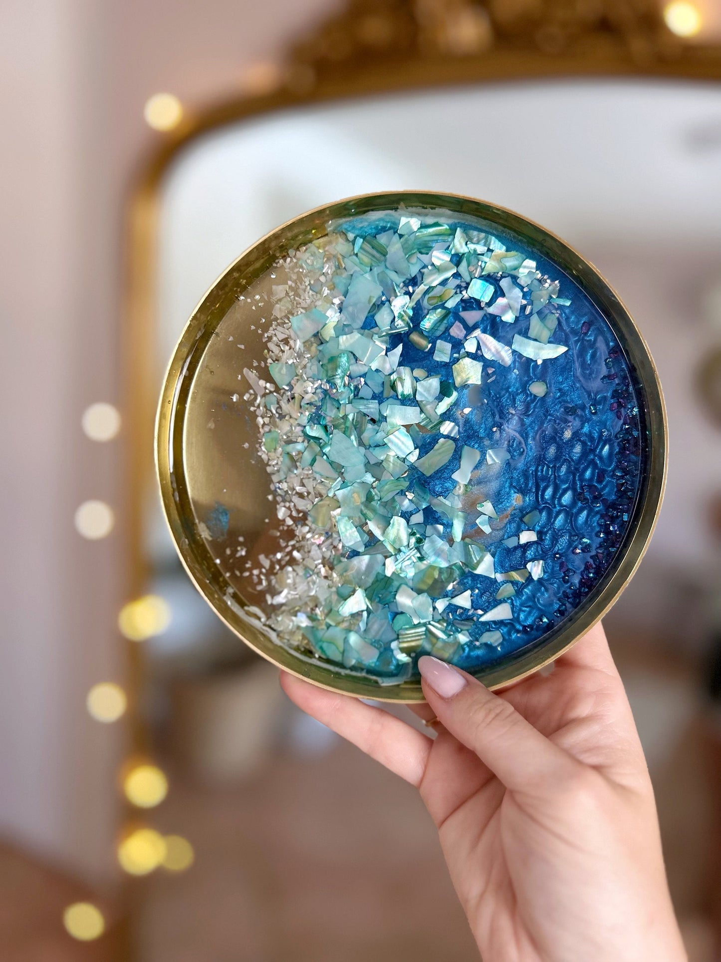 Handmade Metal Golden Tray with Resin Ocean Design - Deep Blue and Turquoise with Colorful Shells - Coastal Elegance Home Decor