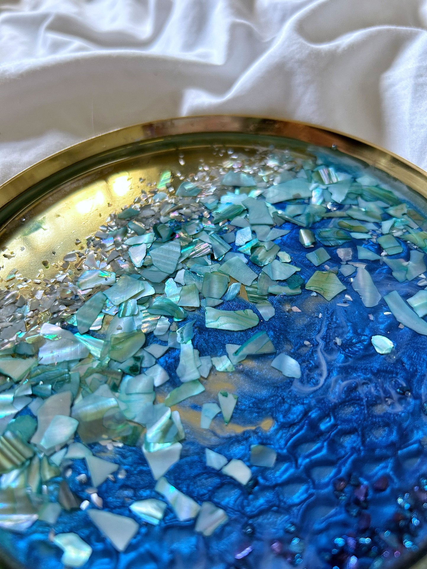 Handmade Metal Golden Tray with Resin Ocean Design - Deep Blue and Turquoise with Colorful Shells - Coastal Elegance Home Decor