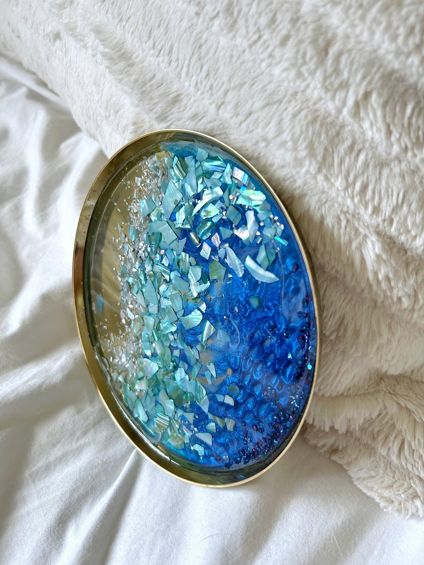 Handmade Metal Golden Tray with Resin Ocean Design - Deep Blue and Turquoise with Colorful Shells - Coastal Elegance Home Decor