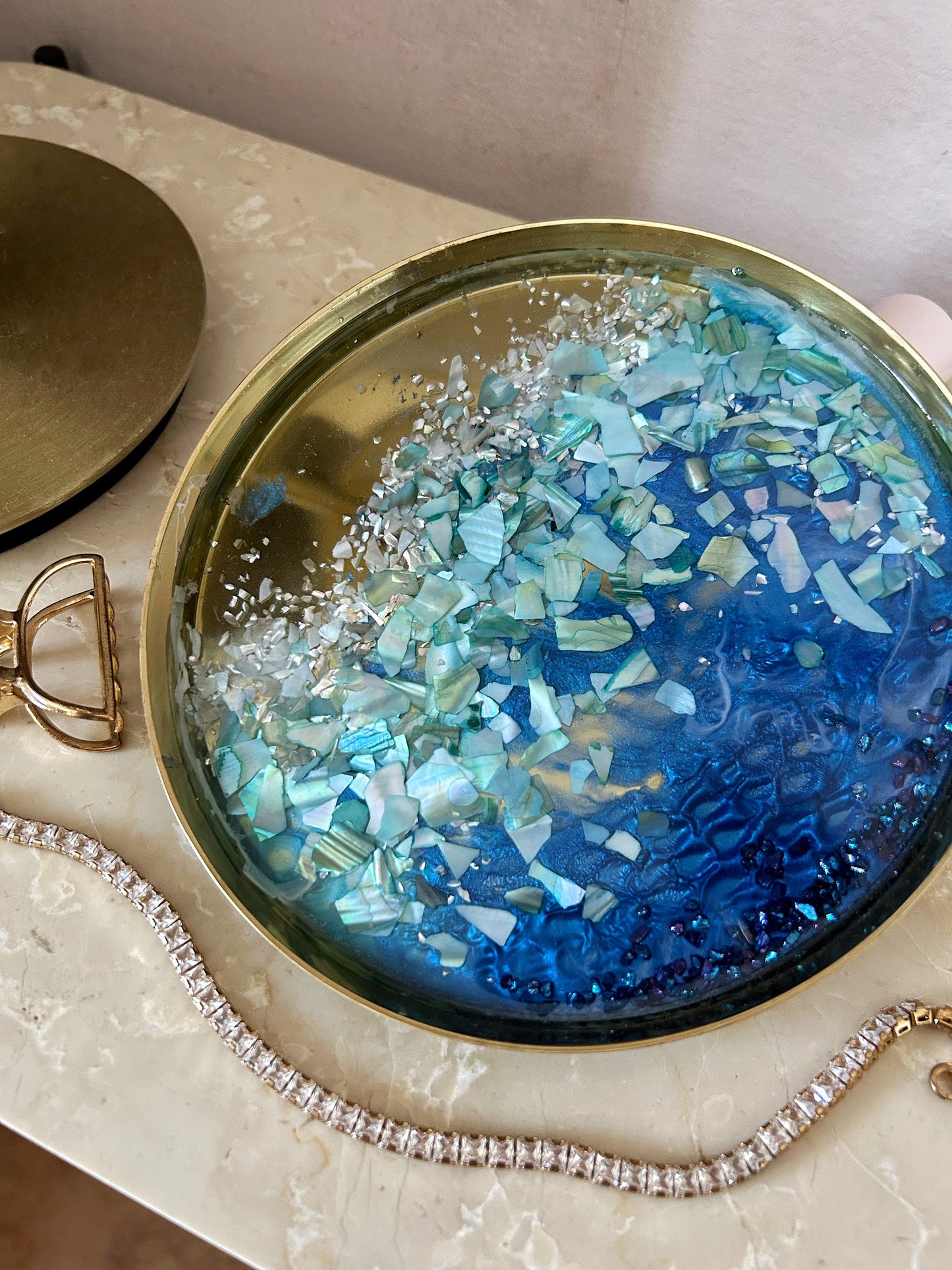 Handmade Metal Golden Tray with Resin Ocean Design - Deep Blue and Turquoise with Colorful Shells - Coastal Elegance Home Decor