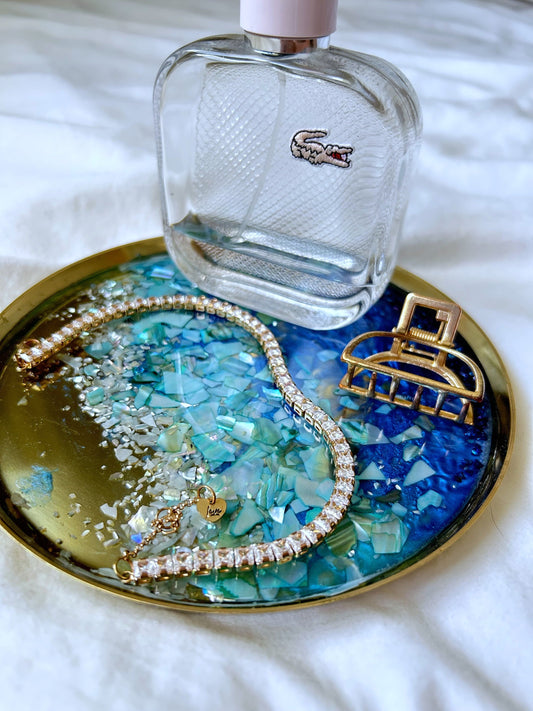 Handmade Metal Golden Tray with Resin Ocean Design - Deep Blue and Turquoise with Colorful Shells - Coastal Elegance Home Decor
