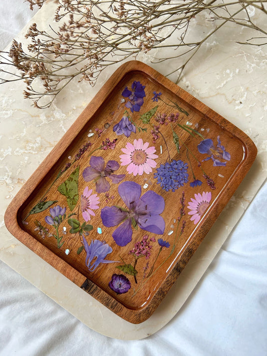 Floral Resin Acacia Wood Jewelry Tray