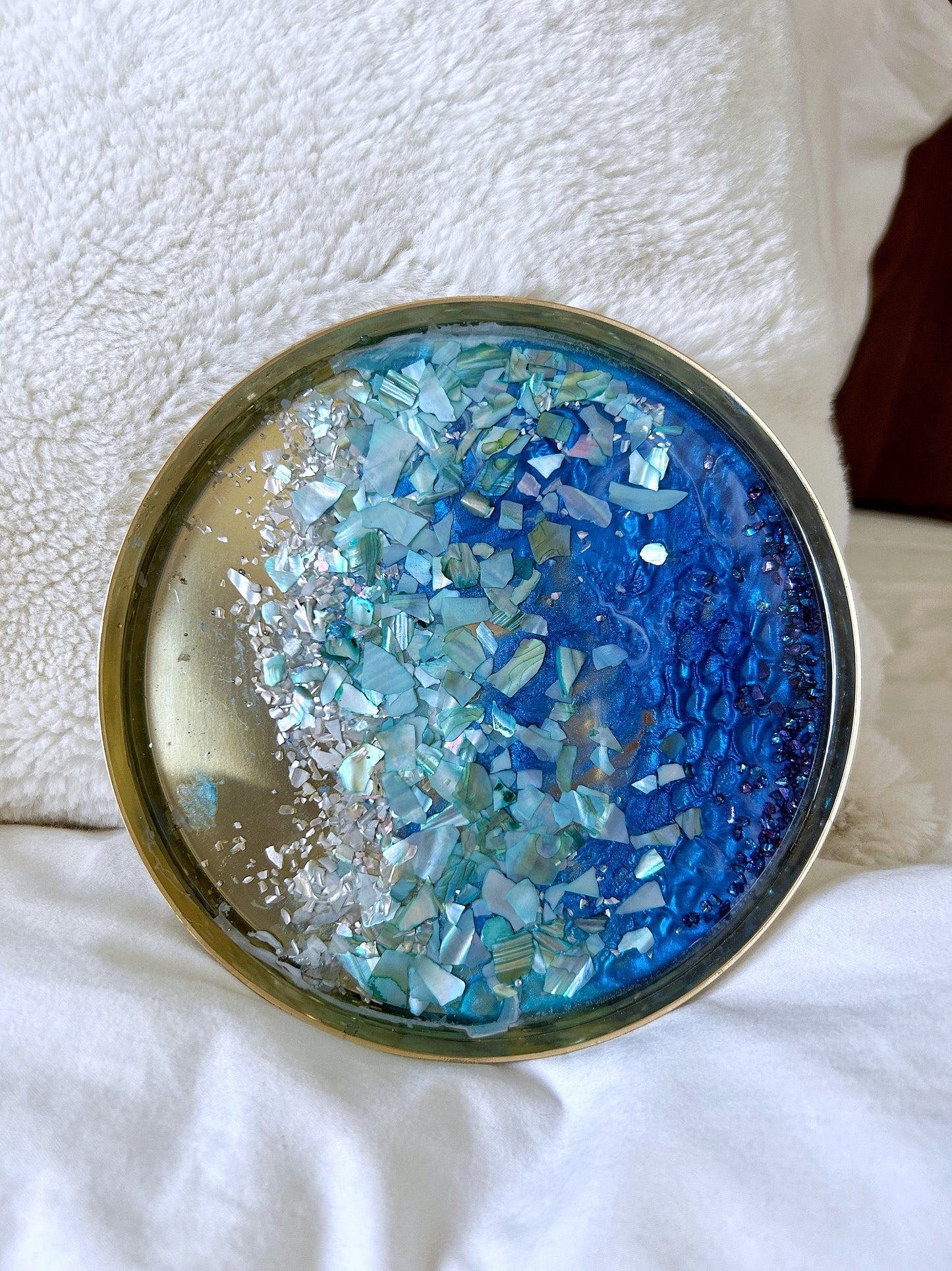 Handmade Metal Golden Tray with Resin Ocean Design - Deep Blue and Turquoise with Colorful Shells - Coastal Elegance Home Decor