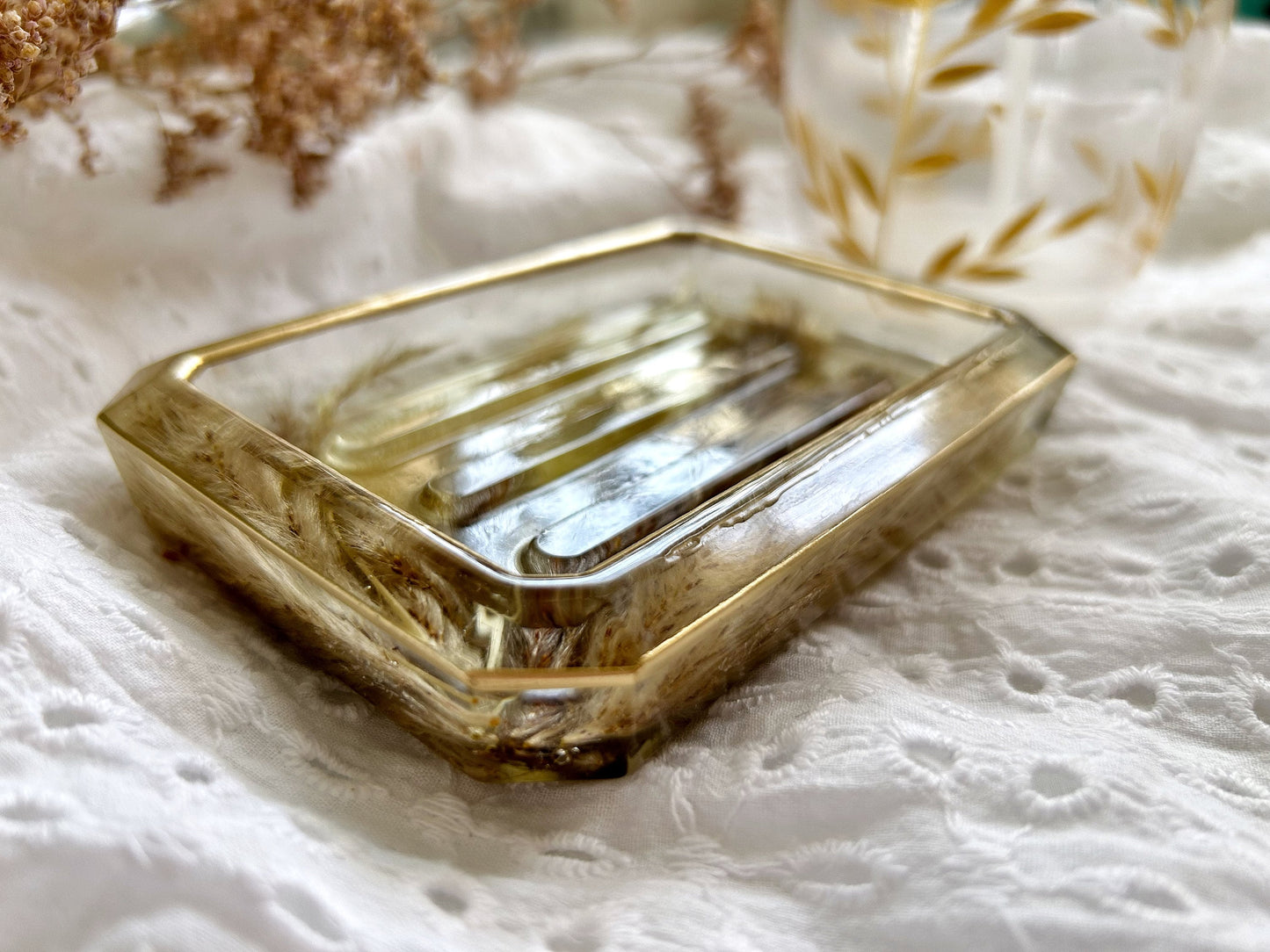 Handmade Resin Soap Dish with Dried Flowers and Golden Rim - Elegant Solid Soap Holder, Gift for New Home Housewarming Gift Idea for Her